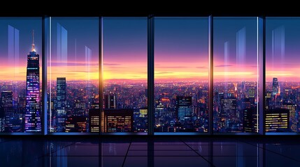 City view from glass window at sunset.