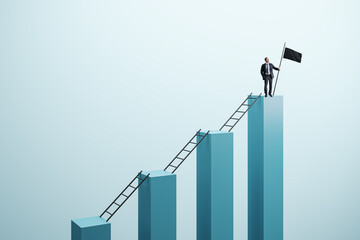 Businessman on top of bar graph holding flagpole, symbolizing success and leadership, on light background.