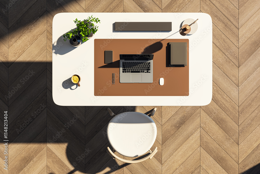 Poster modern workspace with a laptop and accessories on a white desk, top-down view. 3d rendering