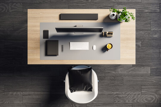 Organized workspace with modern desktop computer, accessories, coffee cup, and chair on wooden table. Minimalist office design. 3D Rendering - Powered by Adobe