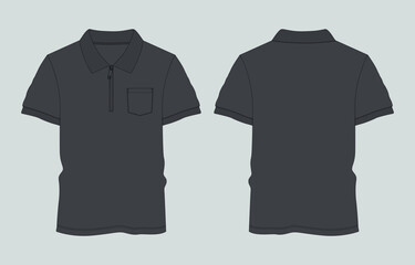 Polo Shirt Technical Fashion Flat Sketch vector illustration template front and back view isolated on white background. Men's fashion polo t shirt mock up CAD.
