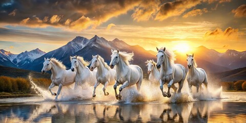 Majestic White Horses Running Mountain Morning Double Exposure Wallpaper
