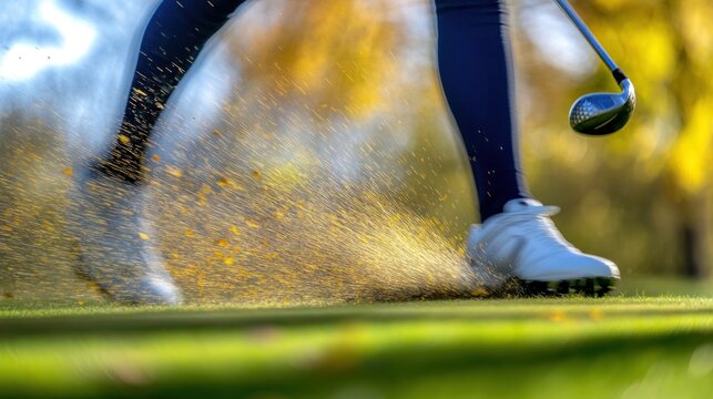 Close-up of golfer's legs and feet striking a golf ball, causing a burst of autumn leaves and grass.
