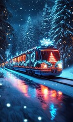 A magical Christmas train illuminated with vibrant festive lights and adorned with a glowing Christmas tree, gliding through a snowy forest under a starlit sky.
