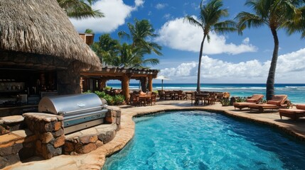 Fototapeta premium Luxurious beachfront poolside patio with grill and bar.
