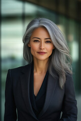 Fototapeta premium Asian woman with gray hair wearing a suit, a business portrait photograph taken in natural light.
