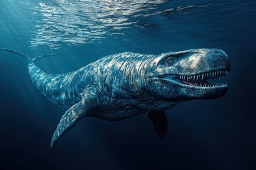 Majestic Mosasaurus swimming underwater, prehistoric marine reptile,  powerful jaws, ancient ocean predator, detailed texture, dark blue water.