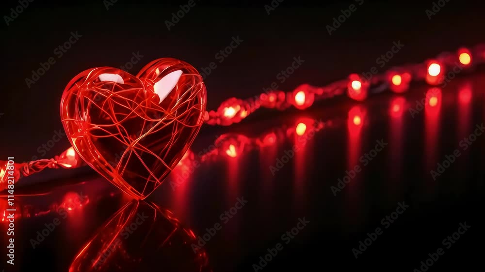 Poster glass heart and red string lights on black.