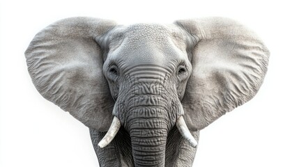 Fototapeta premium Majestic African Elephant Portrait with Detailed Textures, Emphasizing Ears and Tusks Against a Clean White Background for Creative Projects
