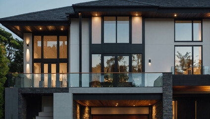 A modern two-story house with a grey facade, black-framed windows, and a glass balcony. It features recessed lighting and a dark-colored garage door. The house is partially illuminated in the evening.