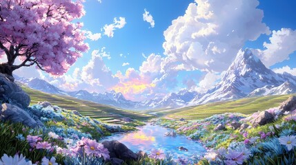 Serene spring landscape with blooming flowers, a tranquil stream, and majestic snow-capped mountains under a vibrant sky.
