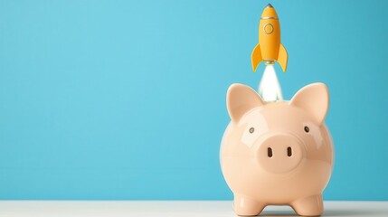 A piggy bank with a rocket blasting off from its back, financial growth, wealth building