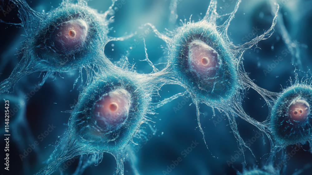 Poster dandruff and scalp care, a close-up view of microscopic cells with intricate structures, showcasing 