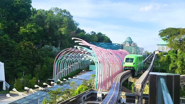 View from train window when Singapore Monorail to Sentosa island. 4K quality video of cityscape at Singapore