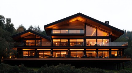 Luxurious modern chalet at dusk, illuminated windows, wooden exterior.
