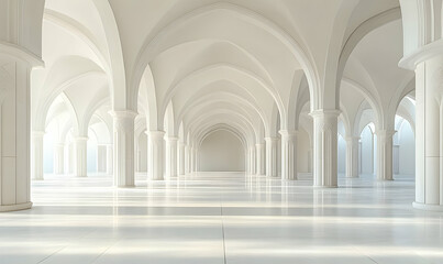 Fototapeta premium A spacious, minimalist interior featuring elegant arches and bright, reflective surfaces.