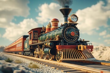 Naklejka premium Vintage steam train travels along a scenic route through rocky landscapes under a blue sky