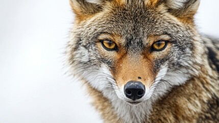 Fototapeta premium Close-Up Portrait of a Wild Coyote with Intense Gaze Set Against a Blurred Natural Background in a Winter Landscape