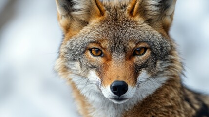 Obraz premium Close-Up Portrait of a Beautiful Coyote With Sharp Eyes and Warm Fur in a Winter Landscape, Capturing the Wild Essence of North American Wildlife