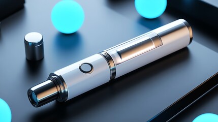 An acne light therapy pen surrounded by glowing blue spheres