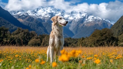 Naklejka premium An Irish wolfhound in a meadow stands gracefully among vibrant flowers, with majestic mountains towering in the background.