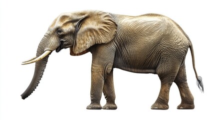 Obraz premium Realistic depiction of an African elephant showcasing intricate details of skin texture, tusks, and natural posture against a white background.