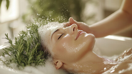 Dandruff and Scalp Care, A serene scene of a woman enjoying a relaxing bubble bath, surrounded by greenery, with water gently cascading over her face.