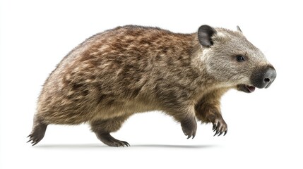Naklejka premium A Playful Wombat in Mid-Run Captured in Exquisite Detail, Showcasing Its Thick Fur and Short Legs Against a White Background for Wildlife and Nature Photography