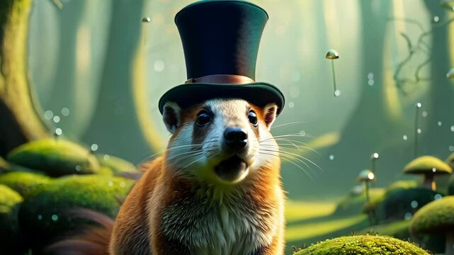 Cute marmot wearing a top hat on his head among the forest on a sunny day And sings songs. zoom in, zoom out, pan or make 360 photo, animate, pan right