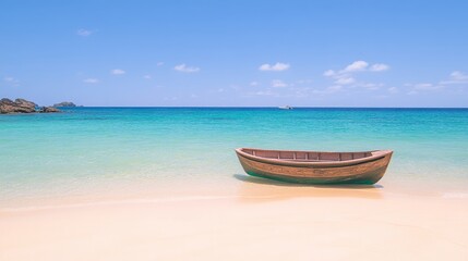 Naklejka premium Tranquil Beach Scene with Wooden Boat on Calm Waters