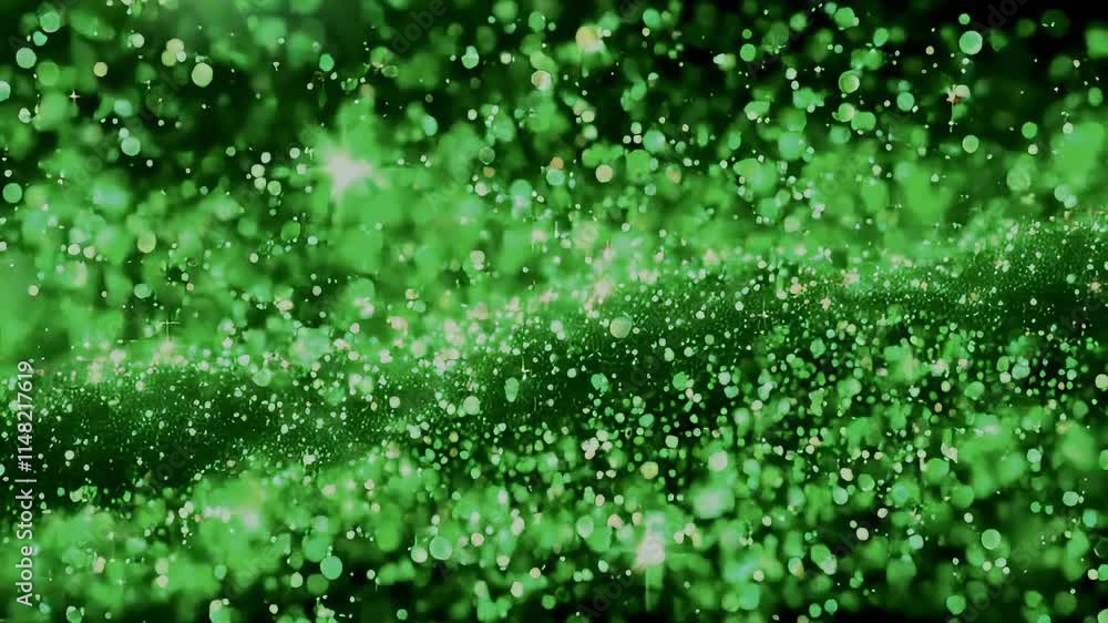 Poster green sparkling bokeh particles.