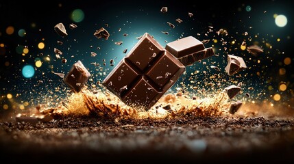 Naklejka premium Dark chocolate bar shattering with cocoa powder explosion and flying pieces against a dark background with colorful bokeh lights.