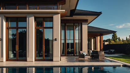 Fototapeta premium Modern house exterior with large windows, light beige walls, dark brown wood trim, and a swimming pool. Outdoor furniture is visible on the patio. The scene is sunlit.