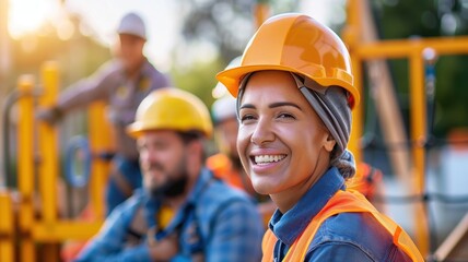 A smiling female construction worker in safety gear with colleagues in the background, highlighting teamwork and positivity in the construction industry.