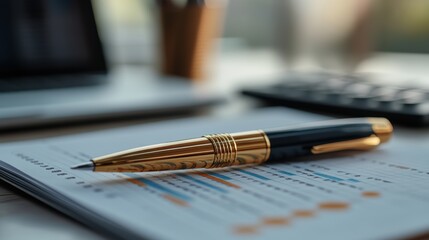 Elegant gold-accented pen resting on printed business charts and graphs, surrounded by office tools, capturing the sophistication and precision of modern professional workspaces
