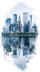 A city with a river in the background. The water is reflecting the buildings. There are trees in the foreground