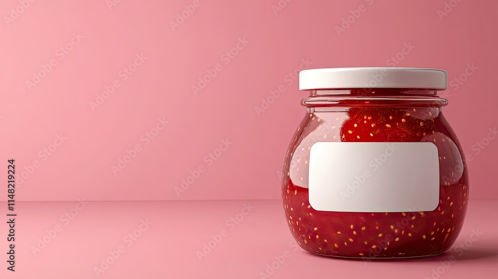 Poster bright and colorful jar of strawberry jam on soft pink background with blank label for customization
