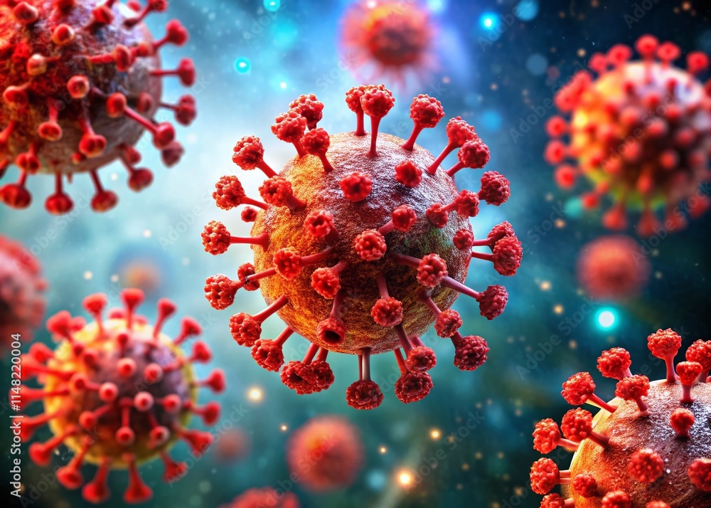 Poster microscopic red virus particles: dynamic blurred background close-up image