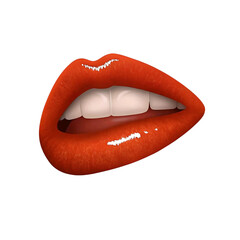 Close-up of vibrant orange-red lipstick on a woman's lips.