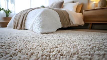 Beige plush carpet, walnut nightstand, white bedding. Minimalist bedroom interior with soft lighting, clean design, cozy atmosphere, premium textiles in warm neutral tones.
