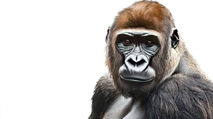 Obraz premium Majestic Gorilla Portrait with Intense Eyes Captured in High Detail Against a Clean White Background for Nature and Wildlife Lovers