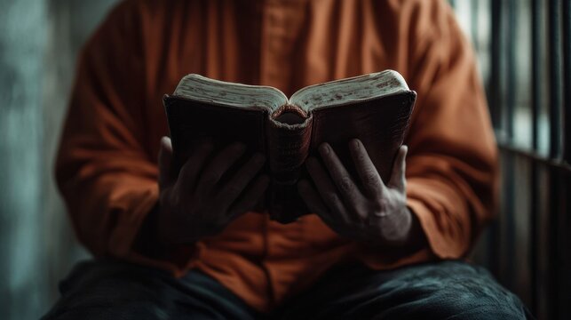Inmate Reading Bible, Prison Cell, Faith, Hope, Redemption, Spiritual, Confinement, Orange Jumpsuit,