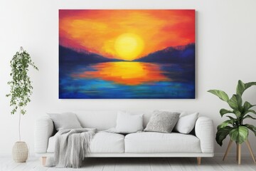 A large painting of a sunset on a wall. The painting is of a lake with a sun in the sky