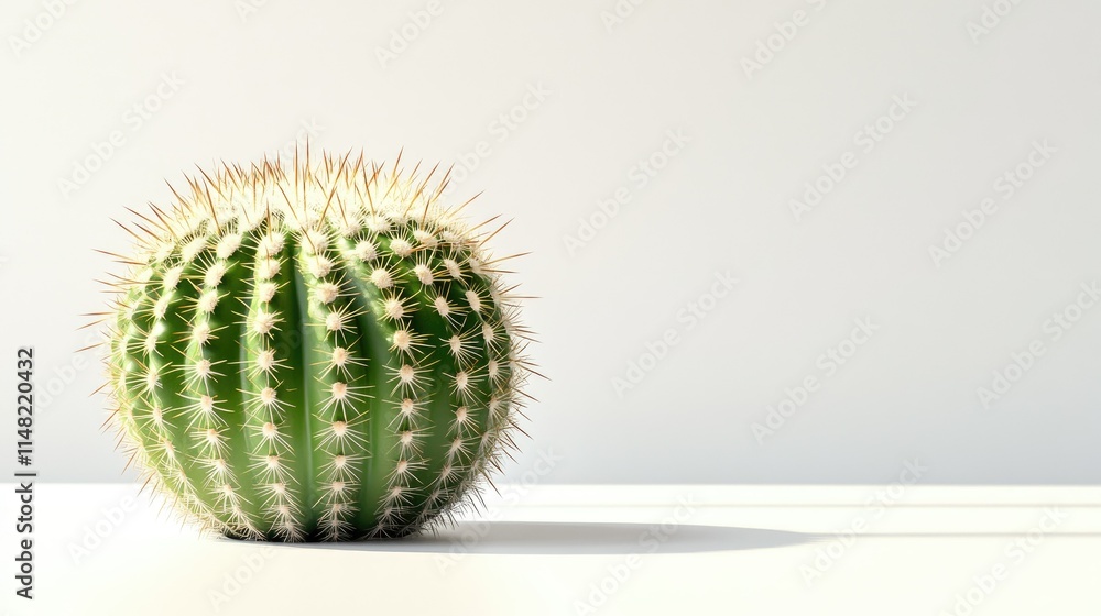 Poster elegant close-up of a round cactus on a simple white surface showcasing its unique texture and shado