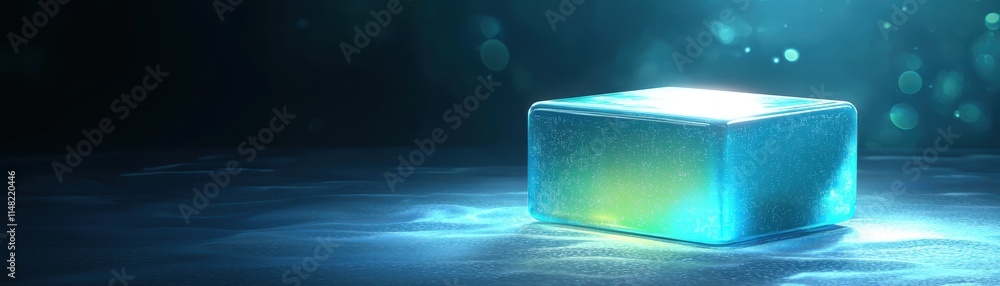 Poster a glowing ice cube surrounded by mist and soft light creates a serene atmosphere, digital workspace 
