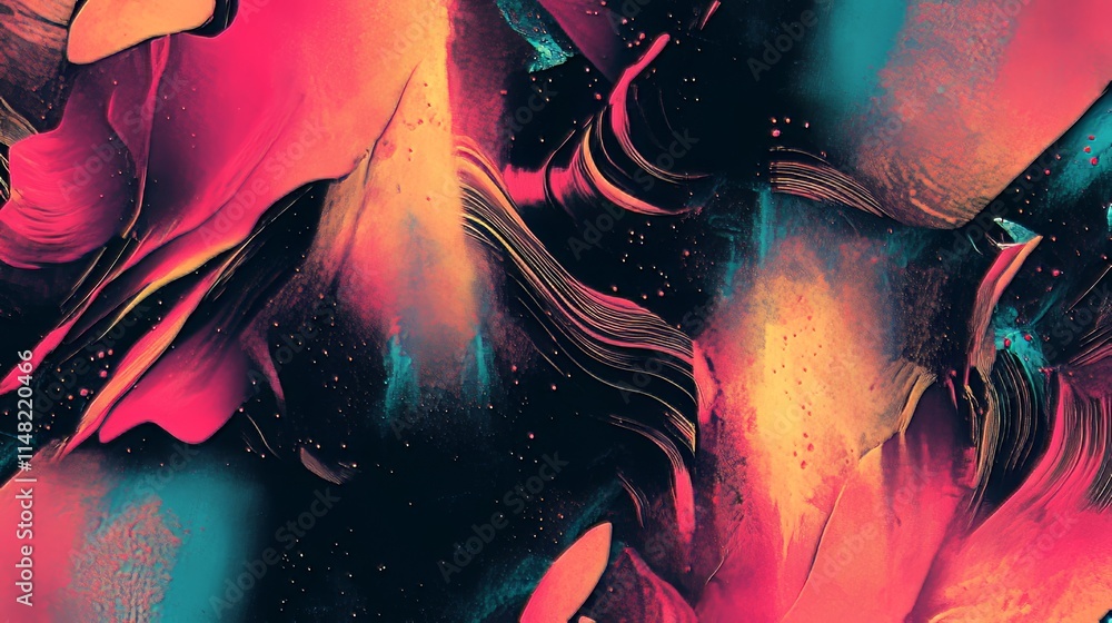 Poster a vivid abstract design featuring dynamic brush strokes and textured patterns in vibrant pink, blue,