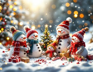 Family of cheerful snowmen gathered around a small decorated Christmas tree, wearing colorful scarves and hats, surrounded by snow, presents, candy canes, and glowing festive lights.
