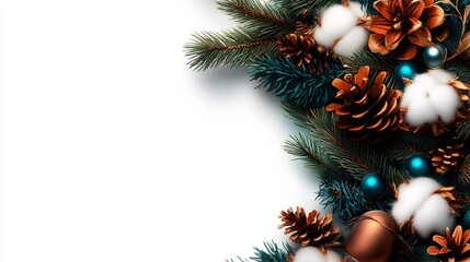 Obraz premium Elegant Christmas Border: Festive Composition with Pine Branches, Golden Pine Cones, Cotton Flowers, and Teal Ornaments on a White Background