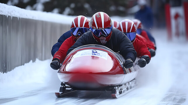  A bobsled team speeding down an icy track, their helmets glinting in the winter sun 