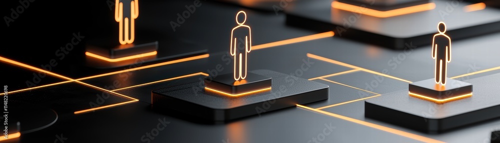 Aufkleber digital representation of human figures on a networked grid with glowing accents, clean dashboard vi
